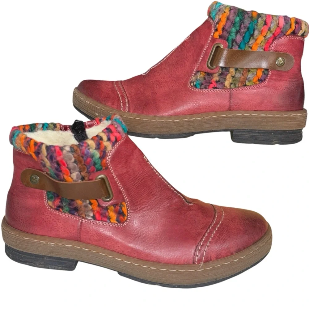 Rieker Felicitas Wine Red Wool Lined Ankle Boots Multicolor Knit EU 41
